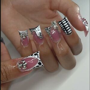 Pink and Black Nail Art with Silver Accents